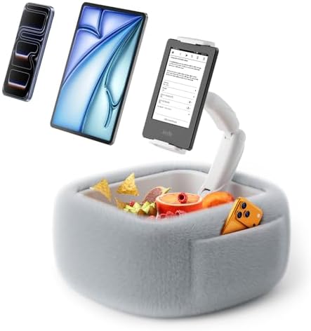 LULULOOK Tablet Pillow Stand, Compatible with iPad, iPhone and 4.7-14.6”Tablet, 360° Adjustable Kindle Pillow Stand for Bed with Ultra Fluffy Fabric & Snack Bowl (Fluffy Gray​) by LULULOOk
