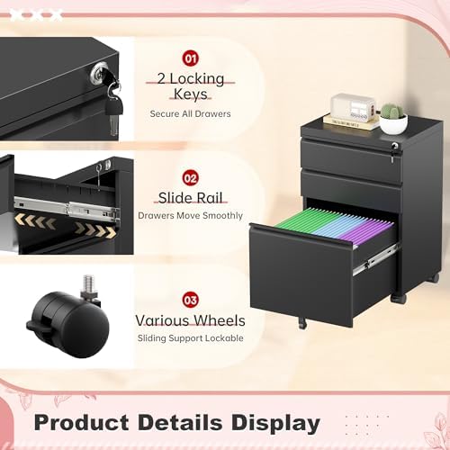 Superday Black File Cabinet 3 Drawer, Fully Assemble Metal Rolling Vertical Filing Cabinet with Wheels, Small Under Desk File Cabinets for Home Office - Image 6