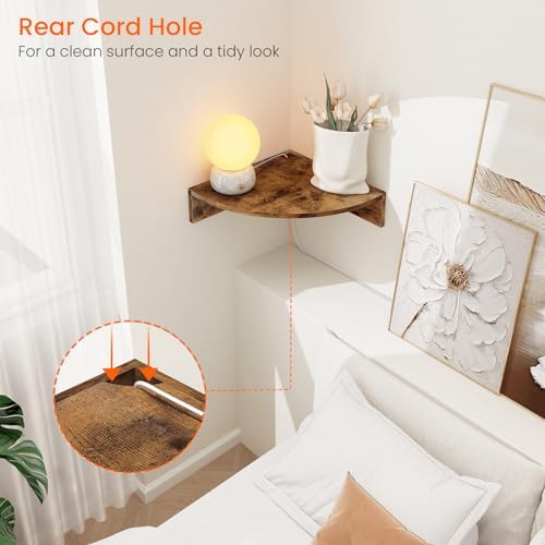 Homode Corner Shelf Wall Mount, Set of 3 Floating Corner Shelves with Cord Hole, 3 Tier Wood Wall Display Shelf, Storage for Bathroom Living Room Kitchen Bedroom, Rustic Brown and Black - Image 5