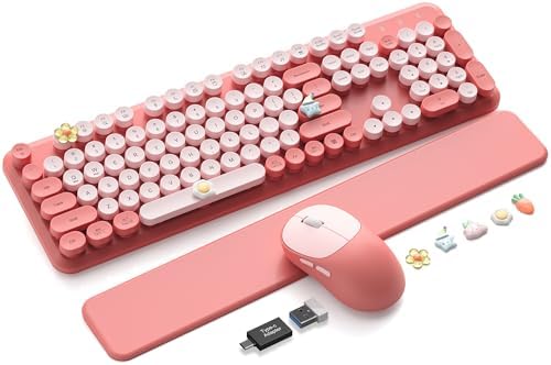 Wireless Keyboard and Mouse Combo, Typewriter Keyboard with Magnetic Wrist Rest, Full-Size Cute Round Keycaps, Sleep Mode, 2.4G Keyboards for Mac/Windows/PC, Office or Home, Trueque CK23Pro by Trueque