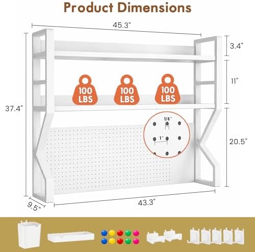 Lefedrasticity 3 Tier Desktop Bookshelf with Pegboard Desktop Organizer Shelf for Dorm Heavy-Duty Desk Shelf Organizer Desk Bookshelf for Office Dorm Room Gaming Desks (White, 45.3" L) - Image 2