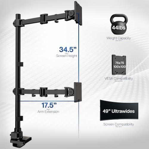 VIVO Dual Ultra-Wide Monitor Extra Tall Desk Mount for up to 49 inch Ultrawides, Clamp-on Adjustable Stand Holds 44 lbs per Screen, VESA up to 100x100mm, Black, STAND-V120T - Image 6