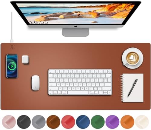 Desk Mat with Wireless Charging, Brown Mouse Pad with Wireless Charger, Desk Pad Matt for Desktop, Mousepad Gaming Large Mouse Pad, Leather Compute for Keyboard and Mouse, 32" x 16" by HopeLum