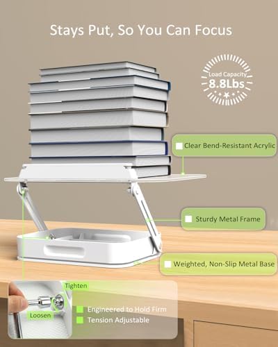 Book Stand for Reading, Acrylic Adjustable Book Holder with Book Page Holder, 360°Cookbook Stand with Storage for Kitchen Counter, Hands Free Recipe Book Holder for Textbook Cookbook, Clear - Image 5