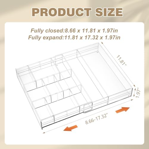 Briwooody 2 Pcs Acrylic Desk Drawer Organizer Maximum 11.8 x 17 x 1.9 Inch Expandable Drawer Organizer Trays with 7 Adjustable Compartments Desk Accessories for Makeup Silverware Office Bathroom - Image 2