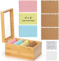 4x6 Index Card Holder with Dividers Bamboo Index Card Organizer Box 4 Compartments Flash Cards Holder with Lid 150 Index Flash Cards 25 Index Cards Dividers 2 Letter Smile Stickers for Office Business by DLUGOPIS