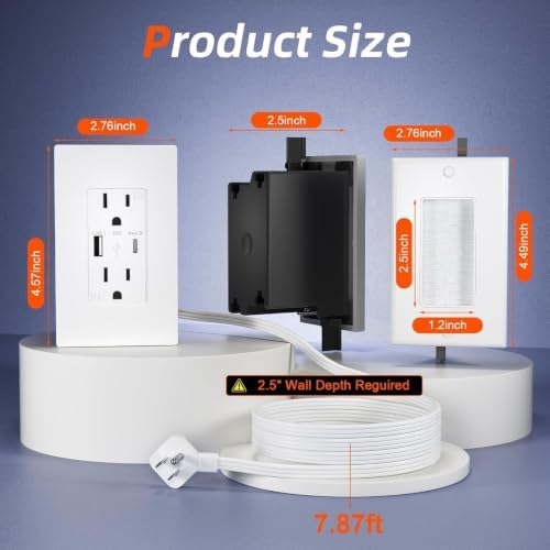 in Wall Cable Management Kit,2AC+USB-a+USB-c,in Wall Power Kit for Unreachable Outlets,7.8ft Outlet Extender for TV,Home Theater,Sofa,Desks,Nightstands - Image 7