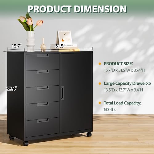 MIIIKO 5 Drawer Storage Cabinet with Door and Shelf, Mobile Lateral Cabinet on Wheels, Office Small Organizer Printer Stand, Black File Cabinets - Image 3