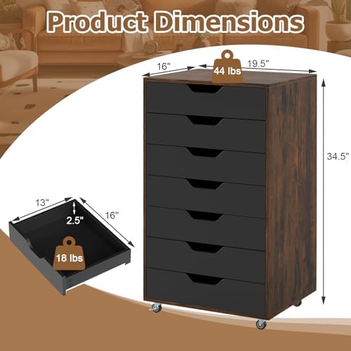 GIANTEX 7-Drawer Storage Cabinet, Mobile File Organizer with 4 Universal Casters, Wooden Vertical Filing Cabinet on Lockable Wheels for Office, Study, Living Room (19.5” x 16” x 34.5”,Brown+Black) - Image 3