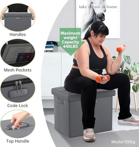 DocSafe Storage Ottoman with Lock,Fireproof Folding Ottoman Foot Rest Stool Storage Chest with Storage Safe for Important Documents,Waterproof 17 Inches Short Ottoman Foot Stool with Handles,Grey - Image 6