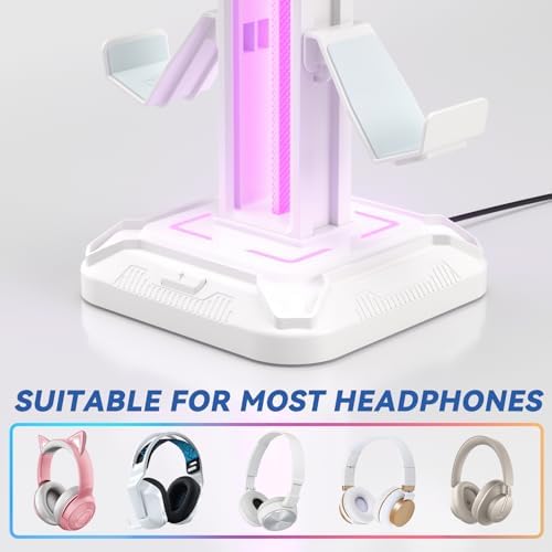 KDD RGB Headset Stand with 9 Light Modes - Controller Holder for Desk - Rotatable Headphone Stand & Detachable Controller Hook for PC Earphone Accessories(White) - Image 5