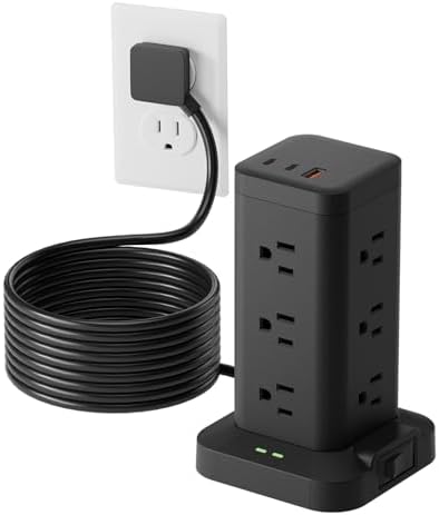 10ft, Black, Power Strip Tower Surge Protector 1800J, Fast Charging Station by Tagzilo