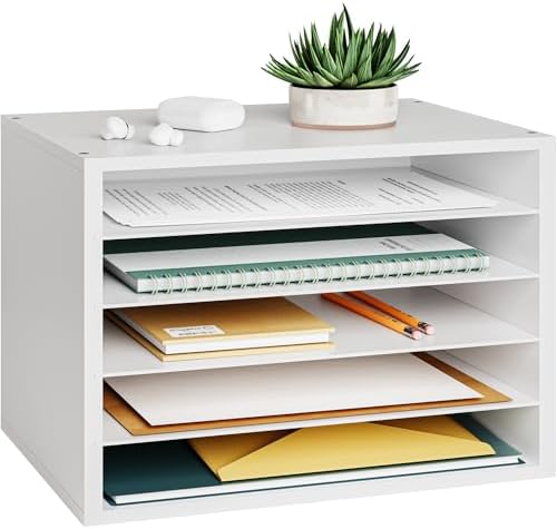 Ballucci 5 Tier Paper Organizer Letter Tray, Wood Desk File Organizer with Adjustable Shelves, Home Office School Letter/A4 Mail Sorter Magazine Holder - White by Ballucci
