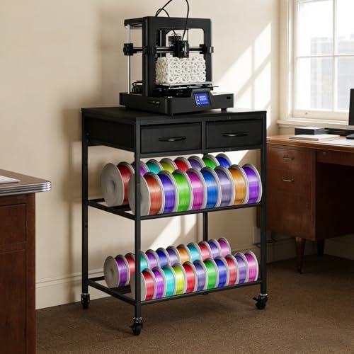 3D Printer Filament Storage Shelf with Drawers& Wheels, Black 2-Tier 3D Printer Filament Metal Stand with Storage, Adjustable Filaments Organzied Rack for Workshop Studio Office, 4 Leveling Feet by Srora