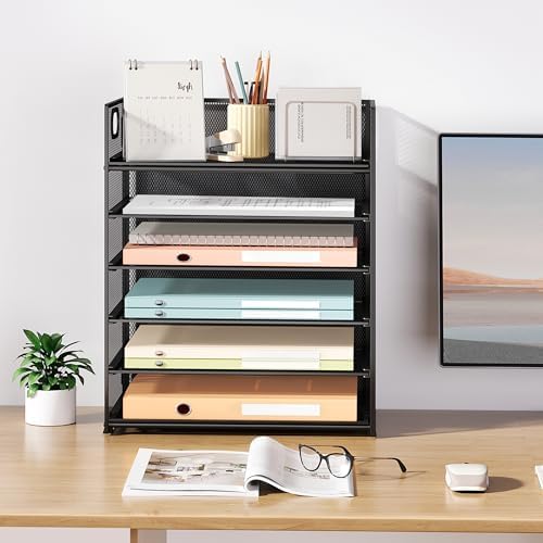 Subekyu 2-Pack 6-Tier Paper Tray Organizer for Desk - Black Mesh File Folder Sorter with Handles, Desk Letter Holder for Office, Home, School Supplies Storage & Organization - Image 7