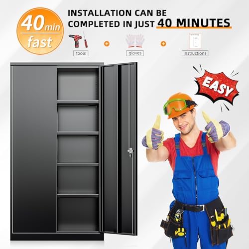 INTERGRETA Metal Storage Cabinet Locker for Home Office, Locking Garage Storage Cabinet with Doors and Shelves, 72" Tall Metal Steel Cabinets for Garage, Black - Image 5