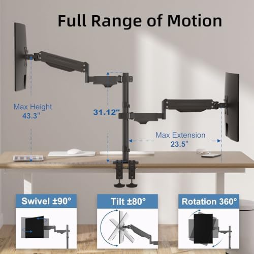 Suptek Dual Monitor Mount Stand-Height Adjustable Gas Spring Monitor Arm Desk Mount for 2 Computer Screens 17 to 34 inches - Each Arm Holds up to 24.25lbs (MD8822) - Image 3
