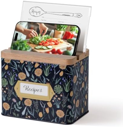 Cabbrix Recipe Box with 50 Cards and 24 Dividers, 4x6 Recipe Card Box Set, Wooden Lid with Phone Holder and Recipe Holder, Beautiful Metal Recipe Organizer, Floral by CABBRIX