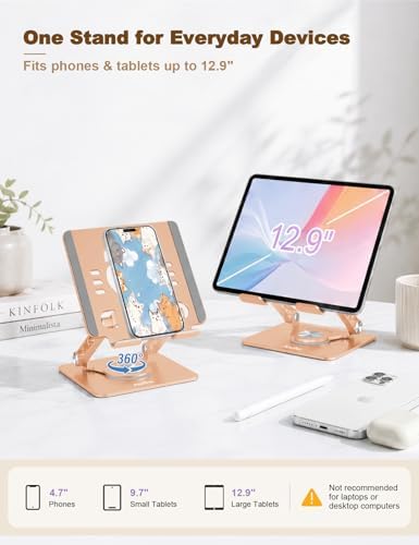 Aoviho Tablet Stand 360° Rotating Aluminum Holder, Adjustable, Portable and Foldable Monitors Stand for iPads, Compatible with 4-12.9" Tablets, Golden - Image 6