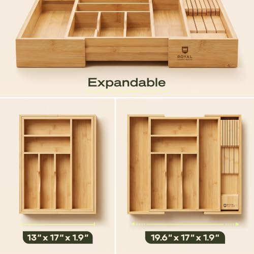 Drawer Organizer for Kitchen Organization – Expandable Bamboo Silverware Drawer Organizer with Removable Knife Block, Bamboo Cutlery, Non-Slip Utensil Organizer with 7-Slot Knife Storage for Flatware - Image 2