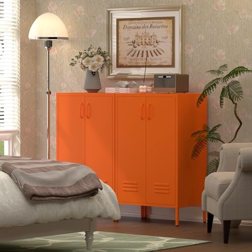 IRONFFICE Metal Storage Cabinets, Orange Cabinets with Adjustable Shelves, Steel Locker with 2 Doors, Morden Accent Cabinet for Home Office, Living Room, Orange - Image 6