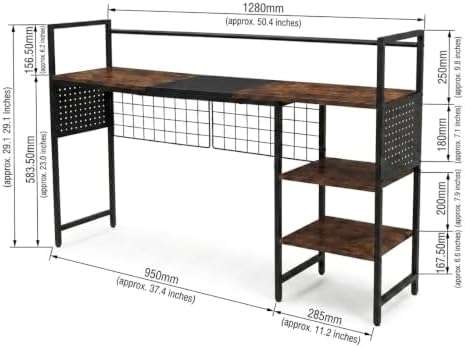 Desk Shelf Organizer with Pegboard & Hooks, Desk Hutch for Computer Monitor, Multi-Tier Wood Desktop Bookshelf Display Rack for Home Office Dorm Room (Vintage Brown, 50.39") - Image 2