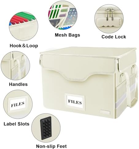 DocSafe Fireproof Document Box with Lock,File Storage Organizer with Zipper Pockets,Collapsible Portable File Box Home Office Safe Filing Cabinet with Handle for Hanging Letter/Legal Folders,Beige - Image 4