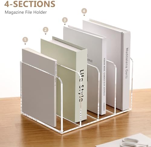 SANRUI Acrylic Desk Magazine File Holder, Clear,4 Vertical Compartments - Image 5