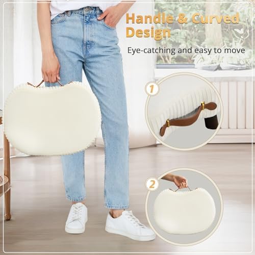 LUE BONA Small Curved Foot Stool with Handle, Beige Velvet Footstool and Ottomans, Modern Foot Rest with Wooden Legs, Step Stool with Padded Seat for Couch, Living Room - Image 4