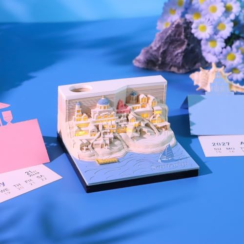 2027 3D Paper Carving Desk Calendar With LED Light (Santorini) - Image 3