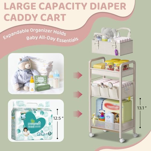 Baby Diaper Caddy Organizer and Storage,2In1 Baby Cart Organizer-Baby Diaper Caddy+3 Tier Rolling Cart for Baby Nursery,Baby Bedside Cart,Easy Assembly,Beige - Image 3