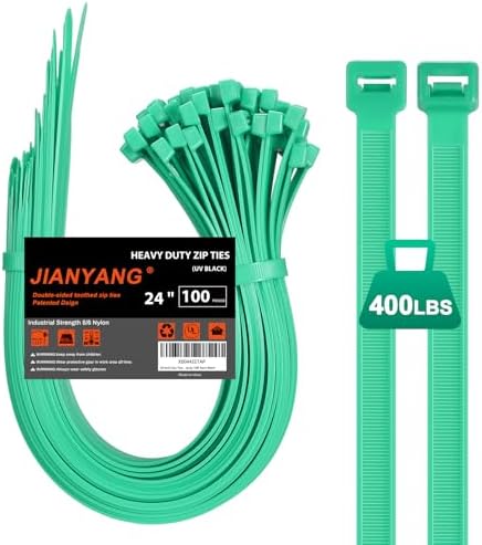 Long Zip Ties Heavy Duty 24 inch，400 LBS Tensile Strength With Double Sided Toothed Super Durable Cable Ties ，Extra Large Wire Ties Adjustable Nylon Tie Wraps for Indoor Outdoor （100 Pack Green） by JIANYANG