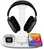4 in 1 Wireless Charger with Headphone Stand for iPhone 17 16 15 14 13 12 Pro Max, Apple Watch 11 10 Ultra SE, AirPods Max 4 & Samsung S25-15W Gaming Desk Organizer (Adapter Not Included)(White) by Be+Fox