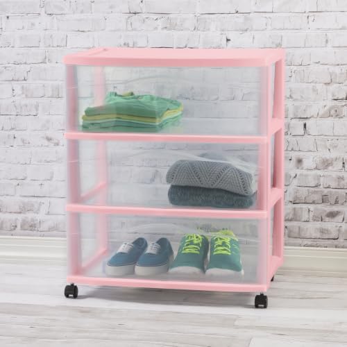 Sterilite 3 Pack Wide 3 Drawer Storage Cart, Rolling Organization, Pink - Image 2