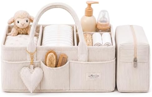 Baby Diaper Caddy Organizer with Matching Zipper Pouch, Soft Corduroy Diaper Storage Basket, Nursery Organizer with Removable Divider, Newborn Essentials, Baby Registry Must Have, Gift for Baby Shower by Unknown