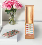 Neando Acacia Wood Business Card Holder with Lid – 2x3.5” Index Card Organizer with 5 Compartments, Holds 600 Cards, Magnetic Closure, 20 Blank Tabs – Rustic Desktop Filing Box for Office & Home - Image 6