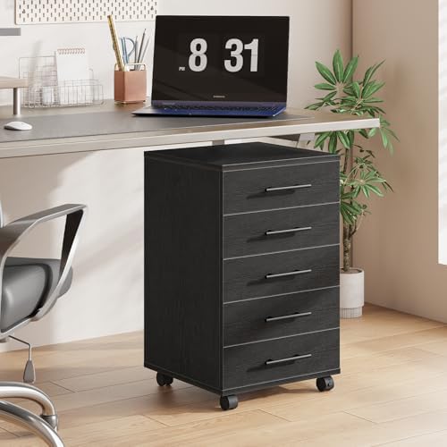HOOBRO 5-Drawer File Cabinet, Office Cabinet with Drawers, Wooden Storage Cabinet with Wheels for Makeup, Home Office, Study, Easy Assembly, Black BK05WJ01 - Image 4