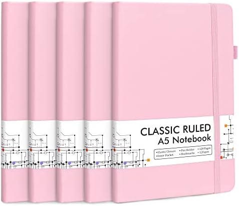 feela 5 Pack Notebooks Journals Bulk, Hardcover Notebook Classic Ruled Lined Journals with Pen Holder for Women Girls School Business Supplies, with 5 Black Pens, 120 GSM, 5.1”x8.3”, A5, Rose Pink by feela