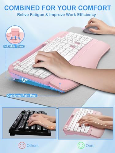 Hayyiesh Ergonomic Wave Keys Wireless Keyboard and Mouse Combo, Full Size with Memory Foam Wrist Rest & Phone Holder, 2.4G Cordless Set with USB-C Adapter for Windows Mac Desktop Laptop (Pink) - Image 4
