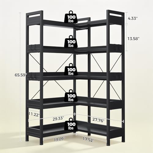 GTPLAYER 5-Tier Corner Bookshelf, L-Shaped Metal Frame Shelf with Tall 14" Shelves, Plant Stand and Storage Rack for Small Spaces, Living Room and Home Office, Black - Image 2