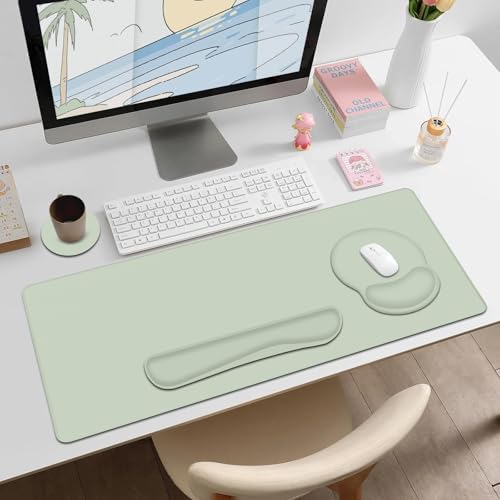 4 PCS Mouse Pad Desk Mat Protector, Keyboard Wrist Rest + Comfortable Mouse Pad with Wrist Rest +Coaster, Large Gaming Mousepad for Computer Laptop, 35.4"X 15.7" Deskpad for Office Home I Bean Green - Image 3