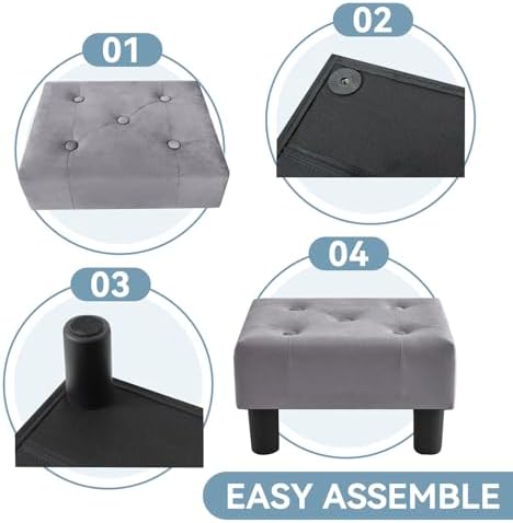 Poofzy Small Foot Stool Ottoman, Velvet Ottoman Foot Rest with Legs, Rectangle Foolstool Ottomans for Couch, Ottoman Foot Stools for Living Room Entryway (Gray), Grey - Image 5
