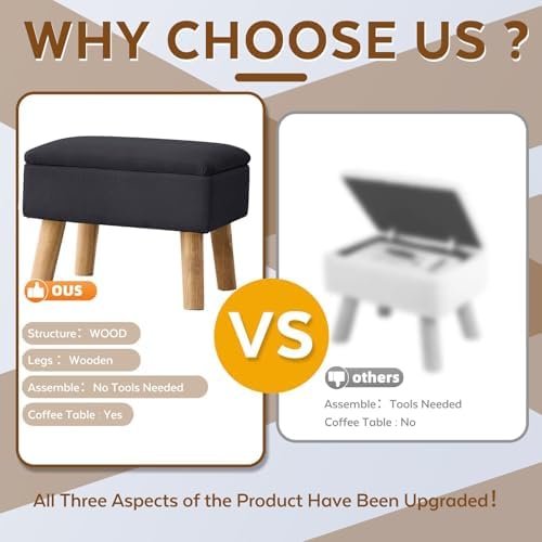 Storage Ottoman, Small Foot Stool Ottoman with Storage, Linen Foot Rest with Wood Legs, Footstool for Living Room, Bedroom, Entryway, Black - Image 3