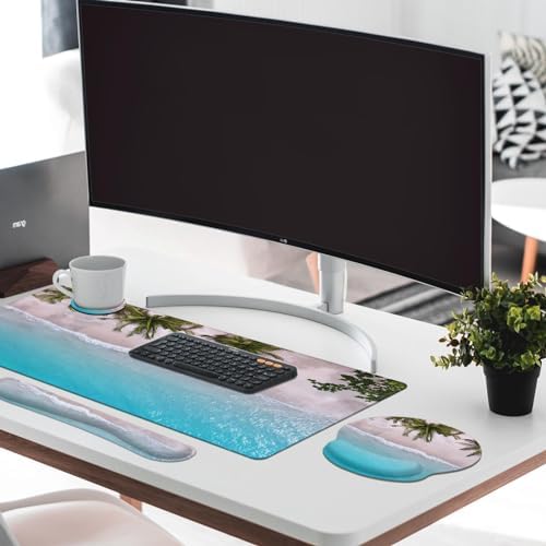 Britimes Keyboard Mouse Pad Set, 4 in 1 Desk Mat Set, Ocean Beach Blue - Image 3