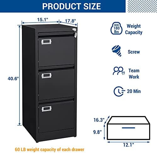 Fesbos Vertical File Cabinets - 3 Drawers 17.8" Deep Lockable Filing Cabinet - Metal Storage Cabinets for Home Office to Hanging Files Letter/Legal/F4/A4 Size - Image 3