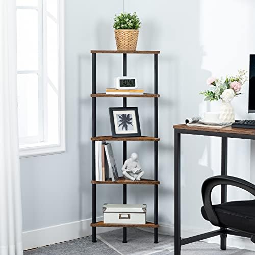 HOOBRO Corner Shelf Stand, Industrial 5-Tier Corner Bookshelf with Metal Frame, Plant Display Shelf, Small Bookcase for Small Spaces, Bedroom, Living Room, Rustic Brown BF33CJ01 - Image 6