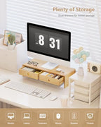 Ufine Bamboo Monitor Stand with 2 Drawers & Keyboard Storage - Image 3