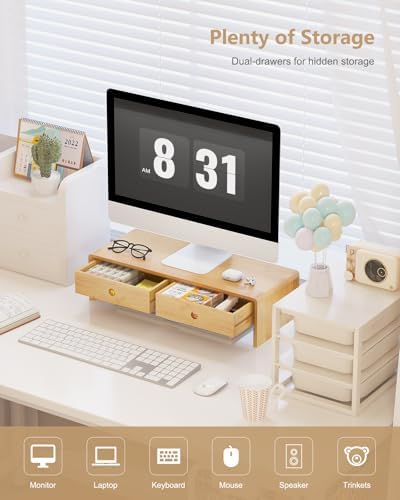 Ufine Bamboo Monitor Stand with 2 Drawers & Keyboard Storage - Image 3