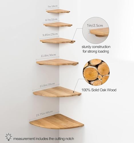 Corner Shelf, 12inch Solid Oak Wood Floating Corner Shelves Wall Mount Round End Floating Speaker Shelf with Wire Hole for Small Plant Photo Frame for Bedroom Kitchen, Living Room - Image 6