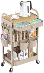 ALVOROG 3 Tier Metal Rolling Cart with Drawer,Wood Top,Pegboards,Khaki by ALVOROG